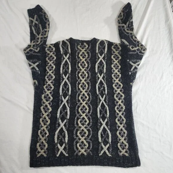 Perry Ellis Sweater Men's XL Gray Vintage Hand Knit 3D Chunky Cable‎ Knitted